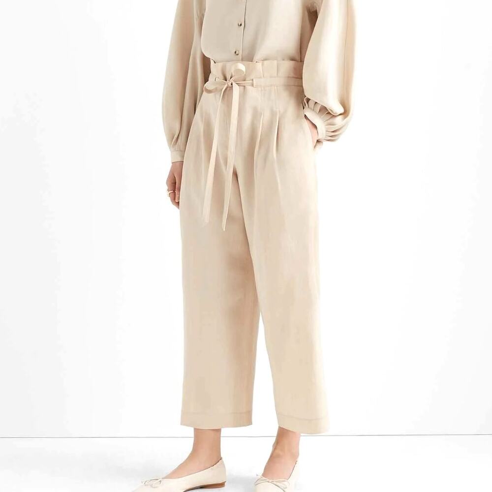 Club Monaco Anreannah Cream Linen Blend Paperbag Waist Wide Leg Cropped Pants